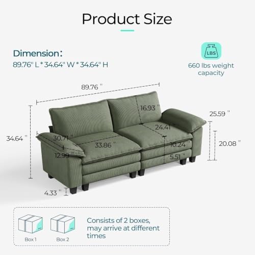 LINSY HOME 90" Modular Cloud Love Seat Sofa, Corduroy Soft Sectional Couch - Image 2