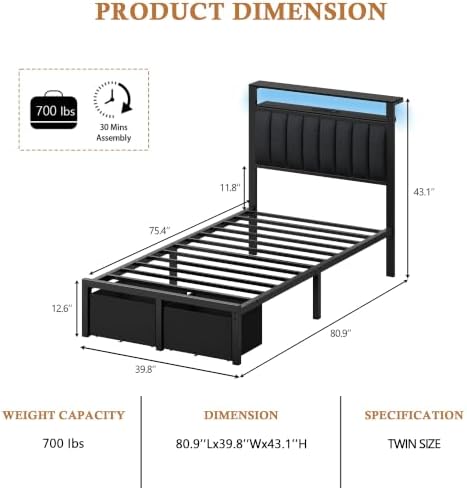 Furnulem Twin Bed Frames with Storage Drawers and Upholstered Headboard - Image 2