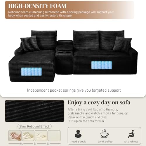 95" L Shaped Cloud Couch Modular Sectional Sofa, Comfy Fluffy Corduroy Black - Image 6