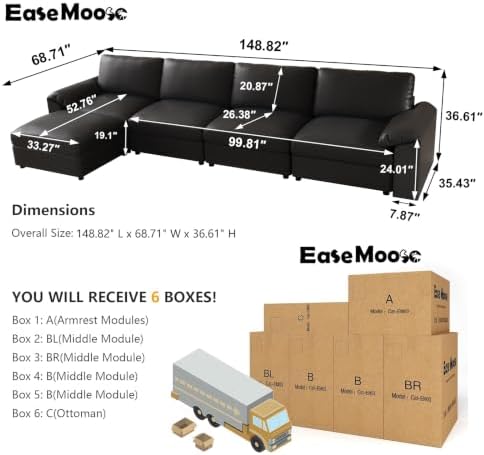 EASE MOOSE Leather Sectional Couch, L Shaped Deep Seat Modern Sofa - Image 2