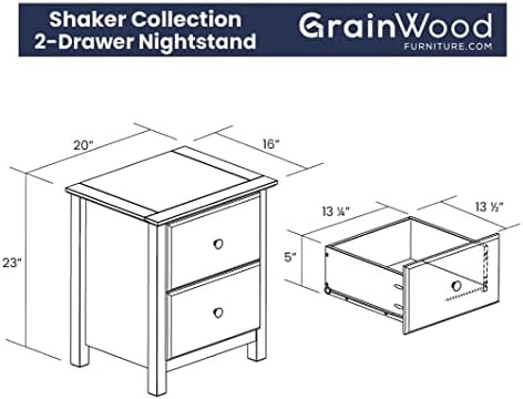 Grain Wood Furniture Shaker 2-Drawer Bedside Nightstand, Solid Wood - Image 2