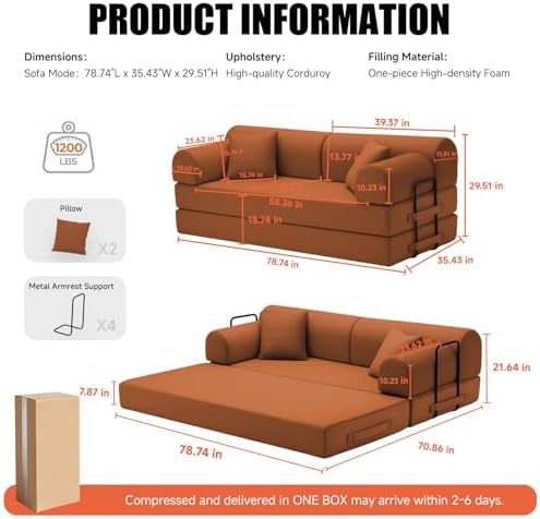 79" Memory Foam Sofa Bed, High Backrest Convertible Futon Boneless Couch - Image 2