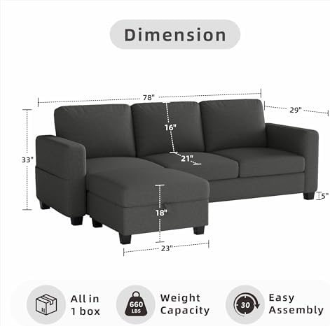 78" Dark Gray L Shaped Sectional Sofa Couch - Image 2