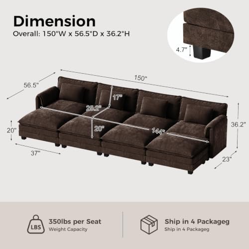 ELUCHANG 153" Oversized Modular Sectional Sofa, Comfy Chenille Cloud Couch - Image 2