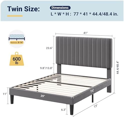 Allewie Twin Bed Frame, Velvet Upholstered Platform Bed - Image 2