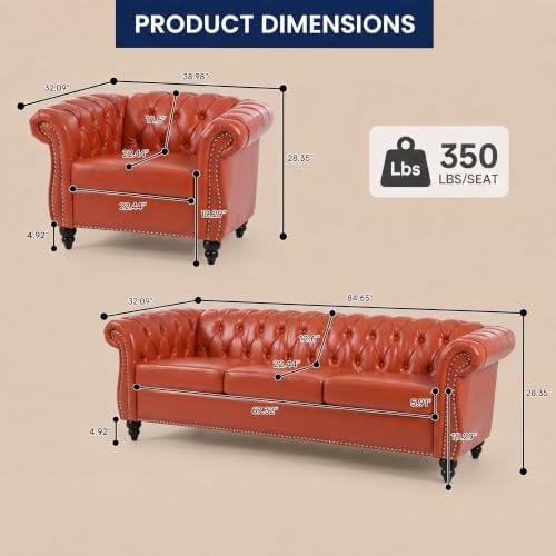 Chesterfield Sofa & Chair Set, Faux Leather Couch Set - Image 2