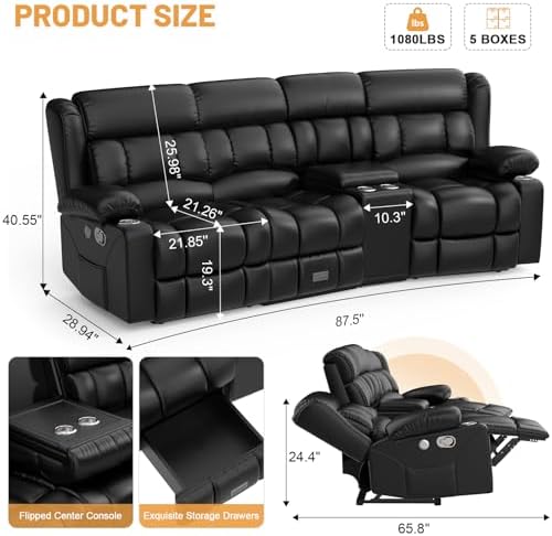 Dresegmt Recliner Sofa with Storage Console, Flip Middle Backrest Design PU - Image 2
