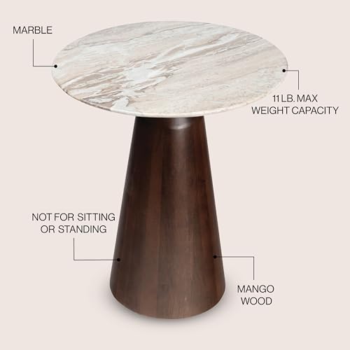 JONATHAN Y Kaito 18" Round White Marble End Table, Walnut Wood - Image 4