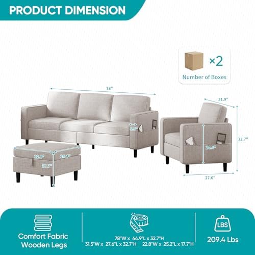 BALUS 78" Living Room Couches Set, 3 Seater Sofa - Image 2