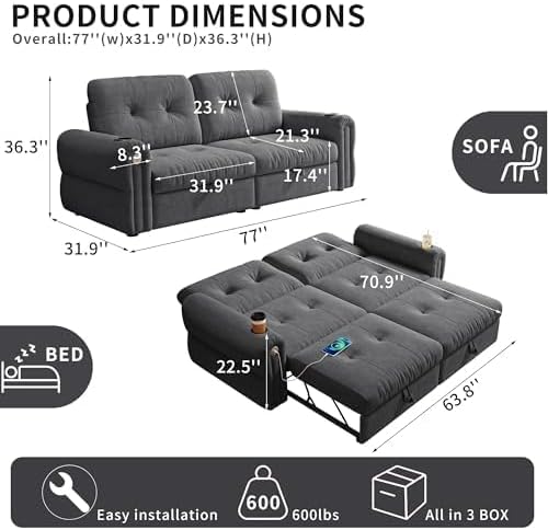 NicBex 77" Convertible Sofa Bed, Pull Out Couch - Image 2