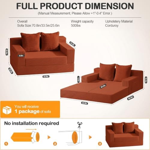 Erament Convertible Sofa Bed, Loveseat Folding Floor Futon Sleeper Sofa Couch - Image 3