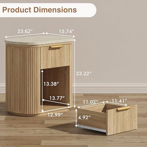Fluted Marble Nightstand Set of 2 23.6"Large Round Bedside Table Oak - Image 2