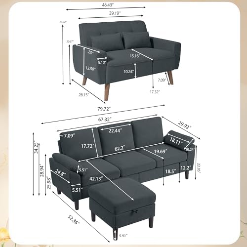 2 Piece Sectional Sofa Set, Movable Ottoman and Loveseat Sofa Set Polyester - Image 2