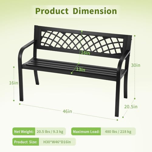 FDW | 46" Outdoor Garden Bench | Black | 480lbs Load Capacity - Image 3