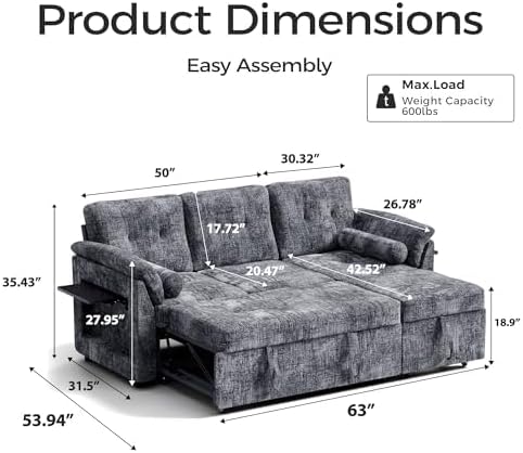 63'' Sleeper Sofa Bed with Side Table & Adjustable Backrest - Image 2