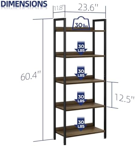 NUMENN Bookshelf, 5 Tier Freestanding Shelving Unit, Dark Walnut - Image 3