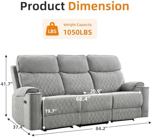 EBELLO Power Reclining Sofa Couch, Fabric Electric Recliner 3 Seater Sofa - Image 2