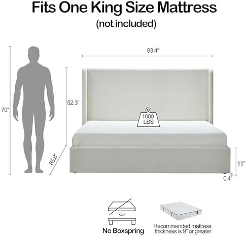 King Size Upholstered Platform Bed Frame, 52.3" High Headboard Carmen Wingback - Image 2