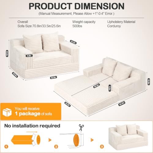Erament Boneless Loveseat Convertible Sofa Bed, Folding Floor Futon Sleeper - Image 2