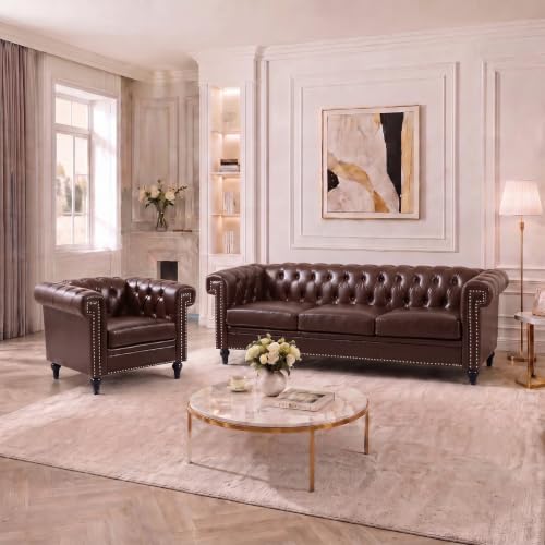 Chesterfield Sofa & Chair Set, Faux Leather Couch Set - Image 7