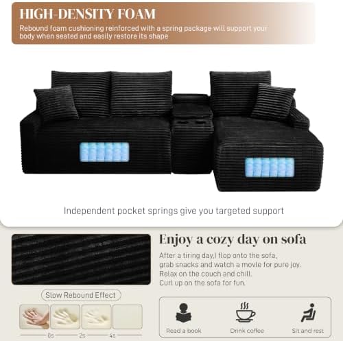 95" L Shaped Cloud Couch Modular Sectional Sofa, Comfy Fluffy Corduroy Black - Image 5