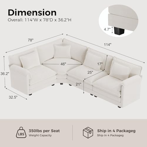 ELUCHANG 114" Oversized Modular Sectional Sofa, Comfy Chenille Cloud Couch - Image 2