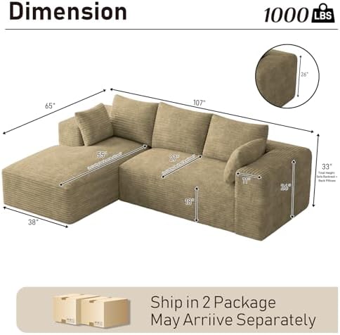ONEMMLION 107" L-Shaped Cloud Boneless Couch Sofa - Image 2