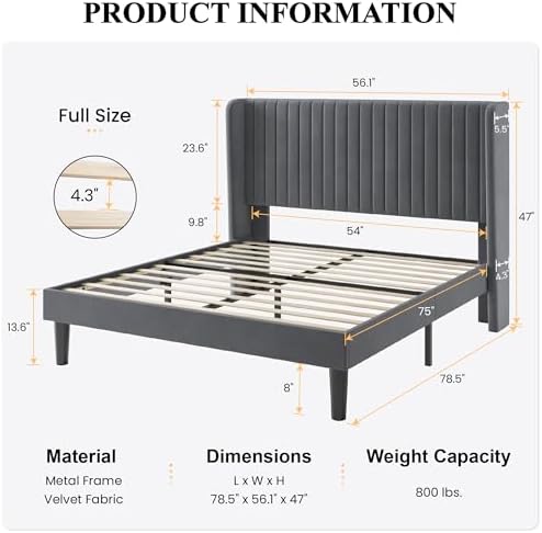 SHA CERLIN Full Size Velvet Bed Frame, Tufted Wingback Headboard - Image 2