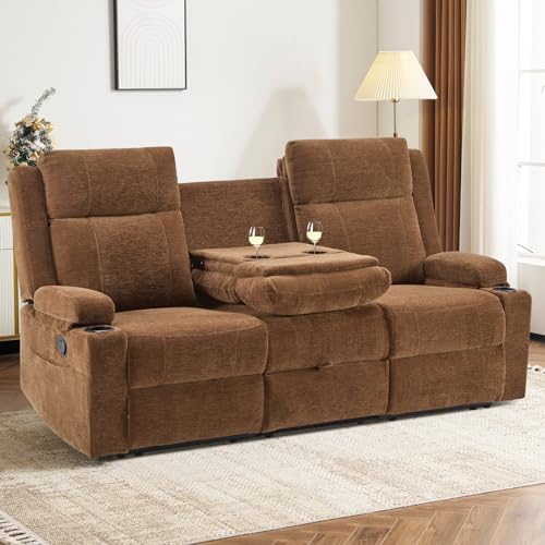 3 Seater Recliner Sofa with Console, RV Loveseat Reclining Couch with Drop Down by RIHEREFY