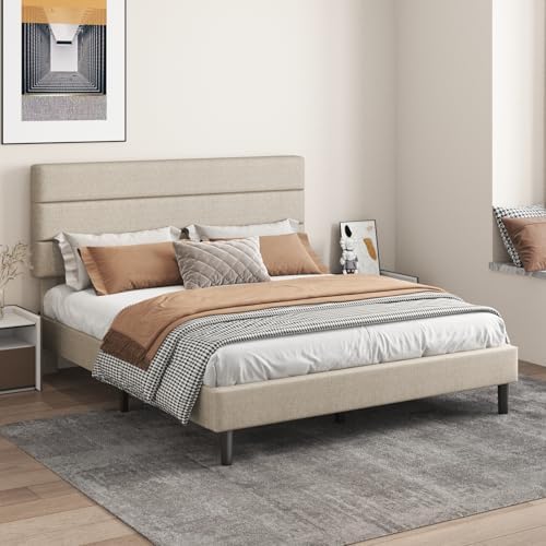 Full Platform Bed Frame with Adjustable Linen Fabric Upholstered Headboard - Image 4