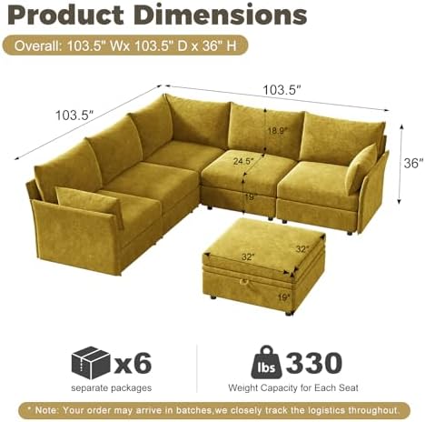 ABCASA Oversized Modular Sectional Sofa Yellow, L-Shaped Convertible Couch - Image 2