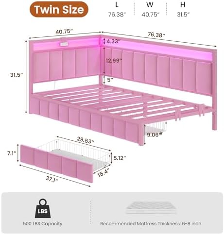 Hasuit Corner Bed Frame with Storage Drawers, Twin Daybed with Line Fabric - Image 3