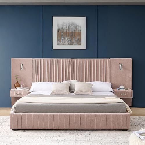 King Size Bed Frame with LED Lights and Nightstands, Modern Chenille - Image 3
