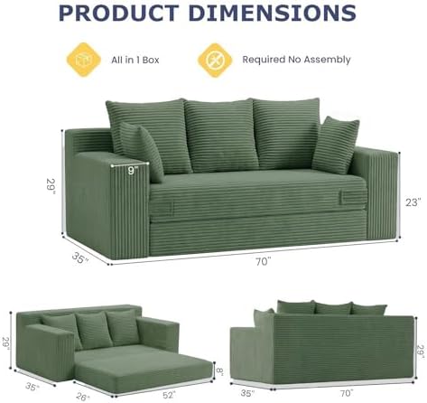 Boneless Couch for Living Room, 3 Seater Convertible Futon Sofa Bed Comfy Pull - Image 2