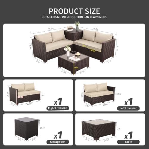 WAROOM Patio Furniture Set 4 Piece Conversation Sets Brown Rattan Outdoor Couch - Image 2