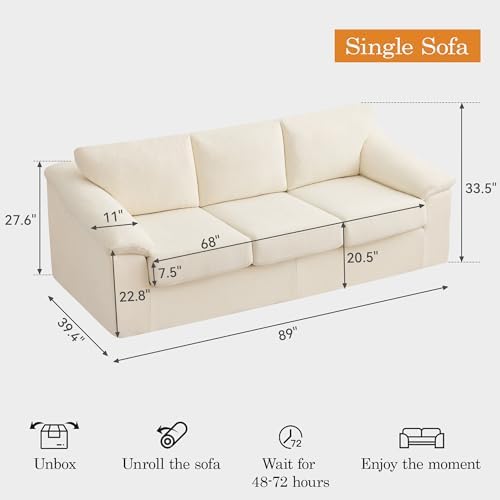 89" Boneless 3 Seater Sofa, Modern Cloud Couch - Image 2