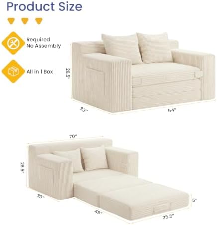 54” Boneless Couch Sofa Bed, Loveseat Cloud Couch, Sleeper Sofa - Image 3