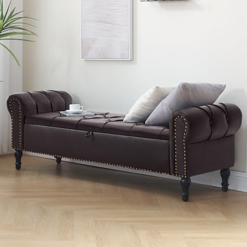 Faux Leather Storage Bench 67 Inch Upholstered Tufted Ottoman Bench - Image 3
