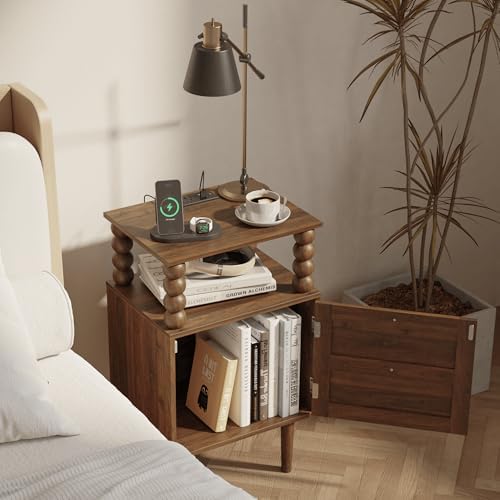 Veegle Nightstand with Charging Station, Retro Bedside Table, Dark Walnut - Image 6