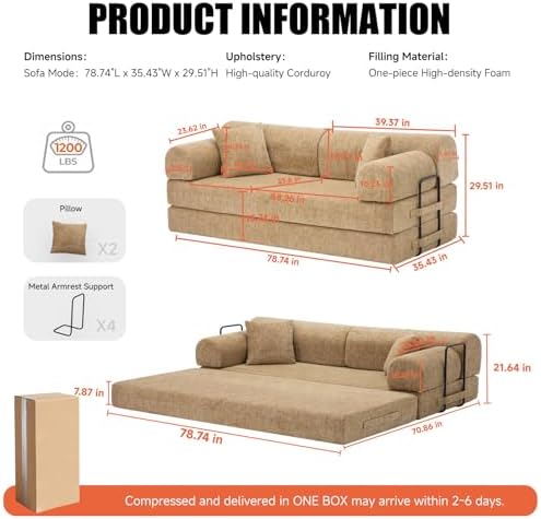 79" Memory Foam Sofa Bed, High Backrest Convertible Futon Boneless Couch - Image 2