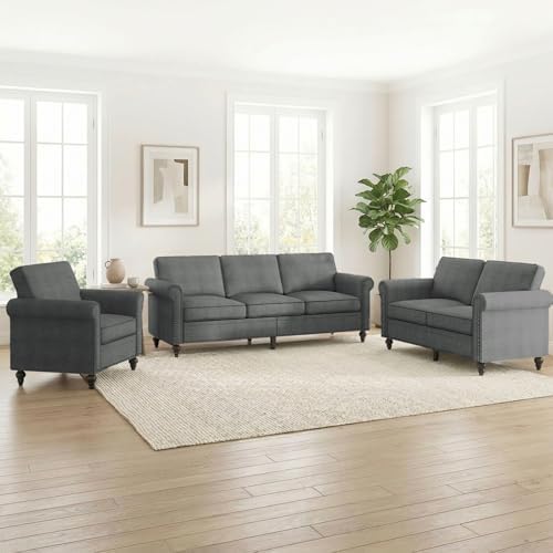 ijuicy 3 Pcs Sectional Sofa Set, Modern Linen Upholstered Couch-Dark Gray by ijuicy