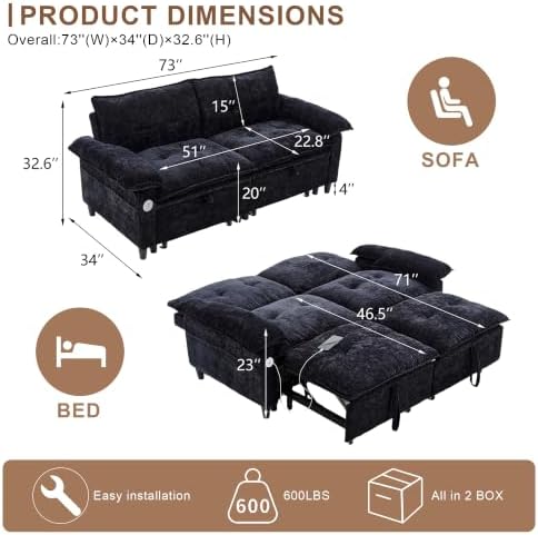 73" Sleeper Sofa Bed Full, Pre-Assembled Velvet Pull Out Sofa - Image 2