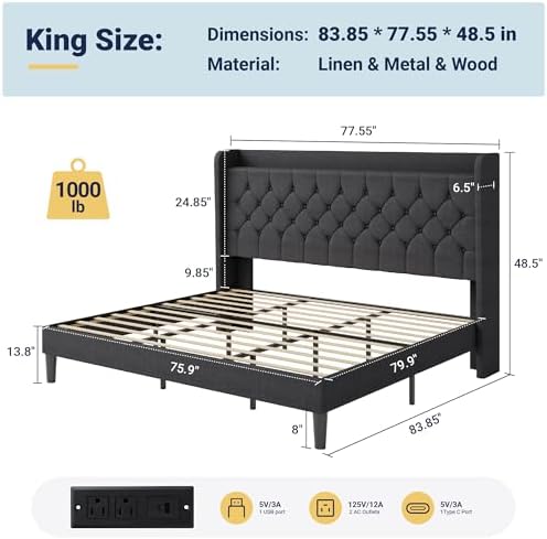 Allewie King Bed Frame, Storage Headboard & Charging Station, Dark Gray - Image 2