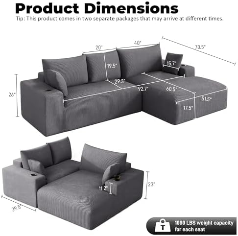 ONEMMLION 113" L-Shaped Cloud Boneless Couch Sofa - Image 2