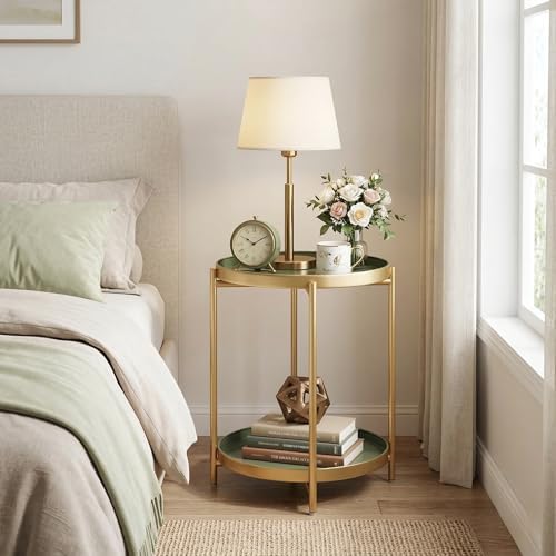 TeoKJ 2 Tier Gold Side Table, Folding Round Metal End Table Small Nightstand - Image 6
