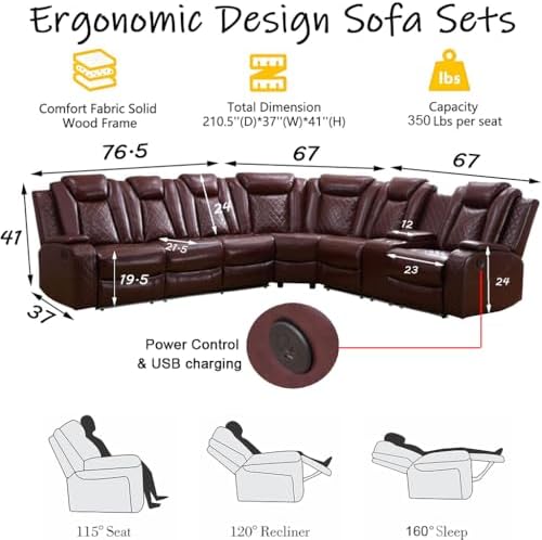 Breathing Leather Reclining Sofa Set, Power Recliner Sectional Couch - Image 2