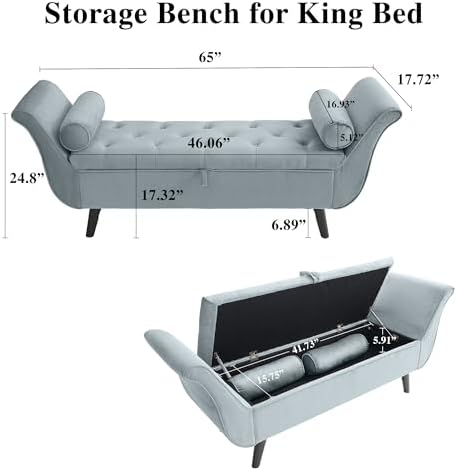 End of Bed Storage Bench for Bedroom, Upholstered Rolled Armed Button Tufted - Image 2