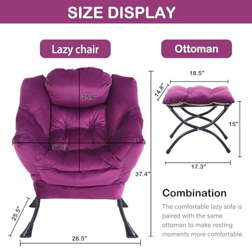 LITA Lazy Chair with Ottoman, Comfy Accent Reading Chair, Velvet Purple - Image 3
