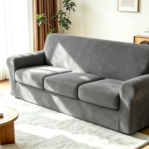 Luxury Velvet Sofa Covers for 3 Cushion Couch, Light Grey by HOMECOVER