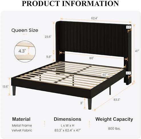 SHA CERLIN Queen Size Velvet Bed Frame, Tufted Wingback Headboard - Image 2